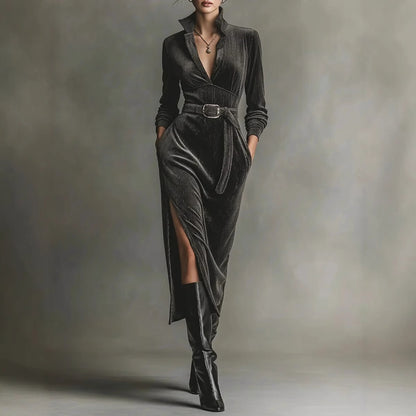 V-neck High Waist Solid Color Tie Slit Dress