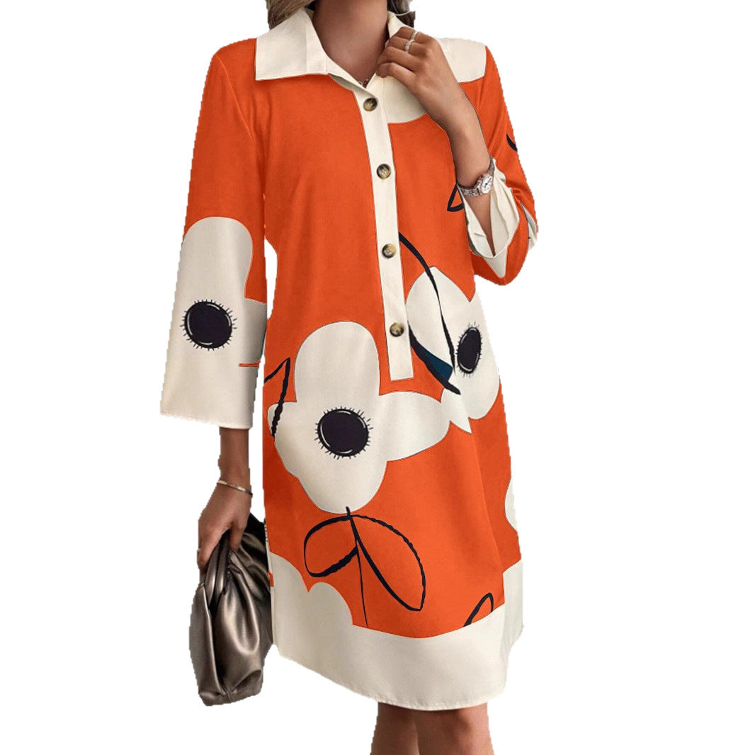 Autumn Half-sleeve Printed Loose And Elegant Shirt Dress