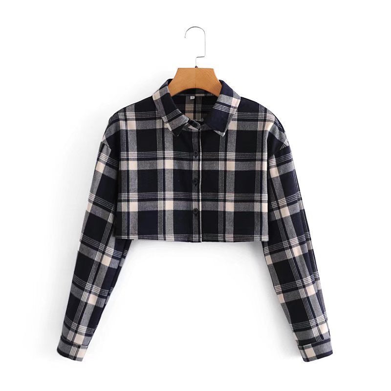 Autumn And Winter Plaid Lapel Long-sleeved Single-breasted Short Plaid Shirt