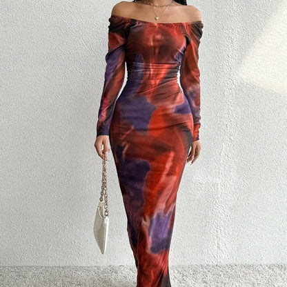 Printed Pleated Sexy Tight Split Square Collar Dress