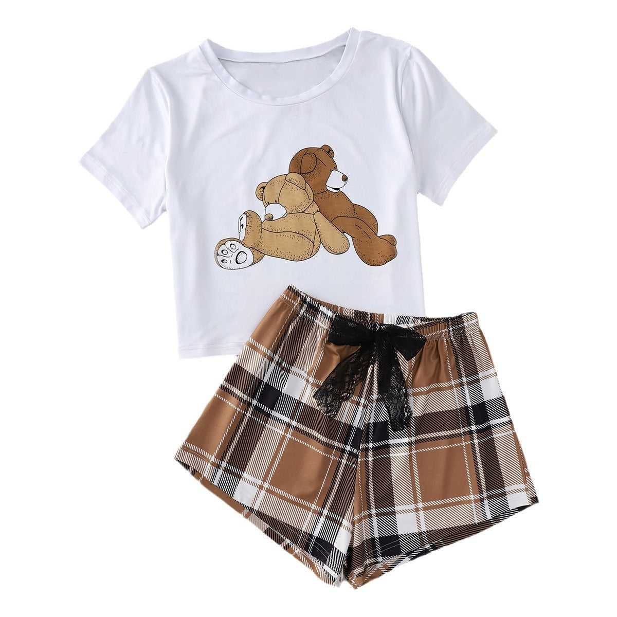 New Bear Printed Short-sleeved Top Lace Bow Printed Checks Shorts Home Wear Suit