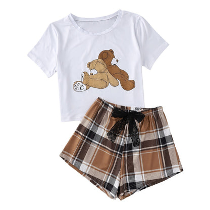 New Bear Printed Short-sleeved Top Lace Bow Printed Checks Shorts Home Wear Suit