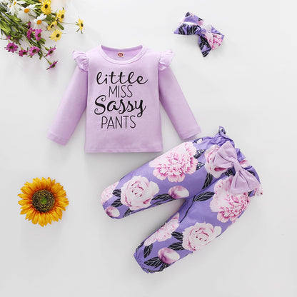 European And American Flower Letter Pattern Flounced Sleeve Bow Girl's Three-piece
