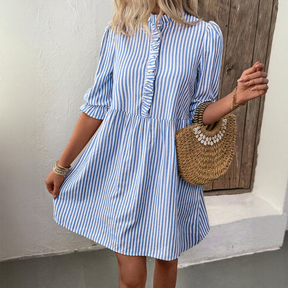 Puff Sleeve Stand Collar Striped Dress Summer