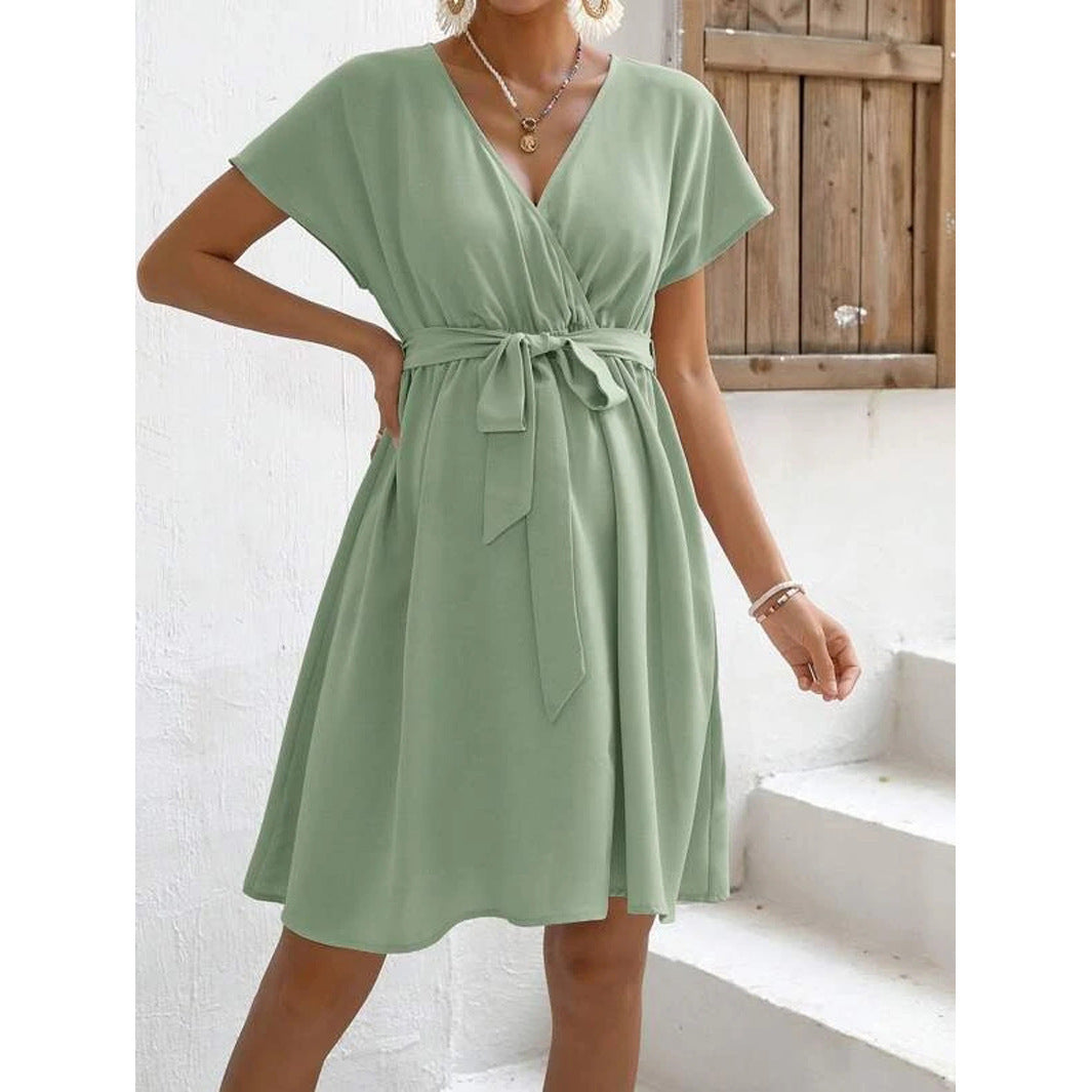 V-neck Batwing Sleeve Belt Decorative Casual And Comfortable Fashion Dress