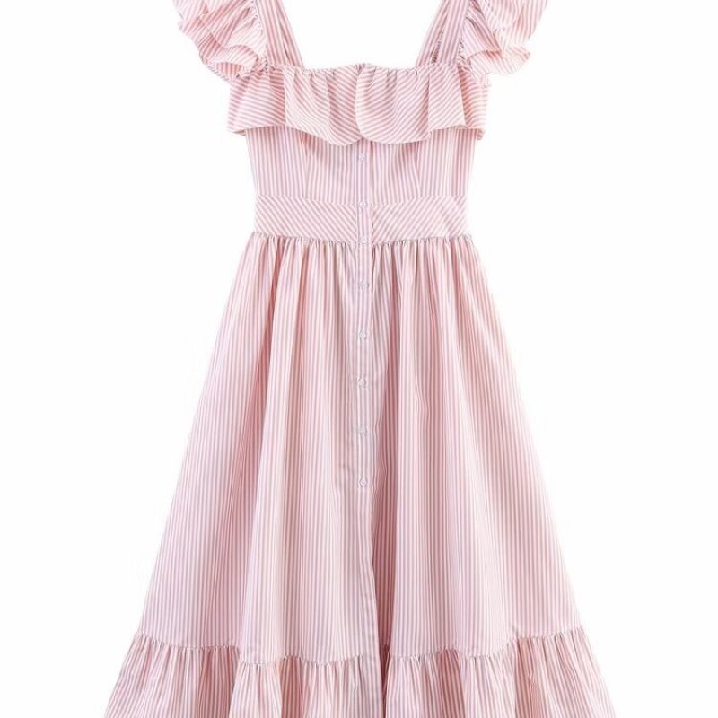 Women's Three-color Single-breasted Striped Ruffled Waist Dress