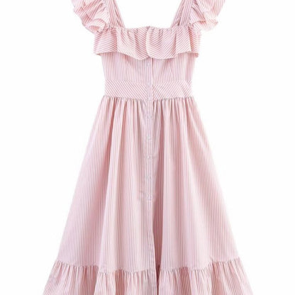 Women's Three-color Single-breasted Striped Ruffled Waist Dress