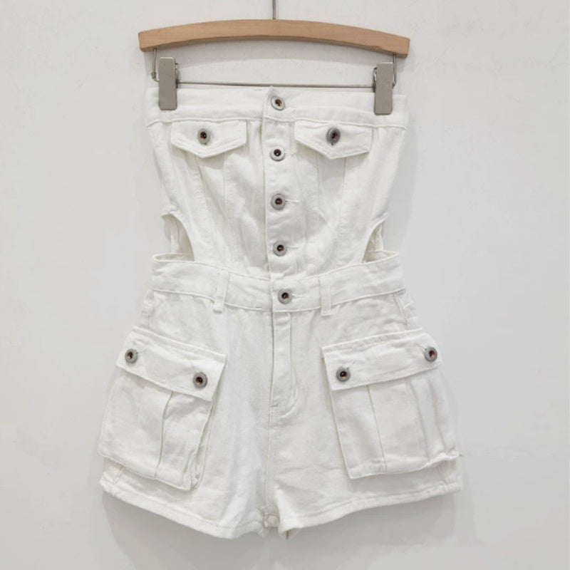 Hot Girl Breasted Hollow-out Midriff Tube Top Cowboy Siamese Shorts For Women