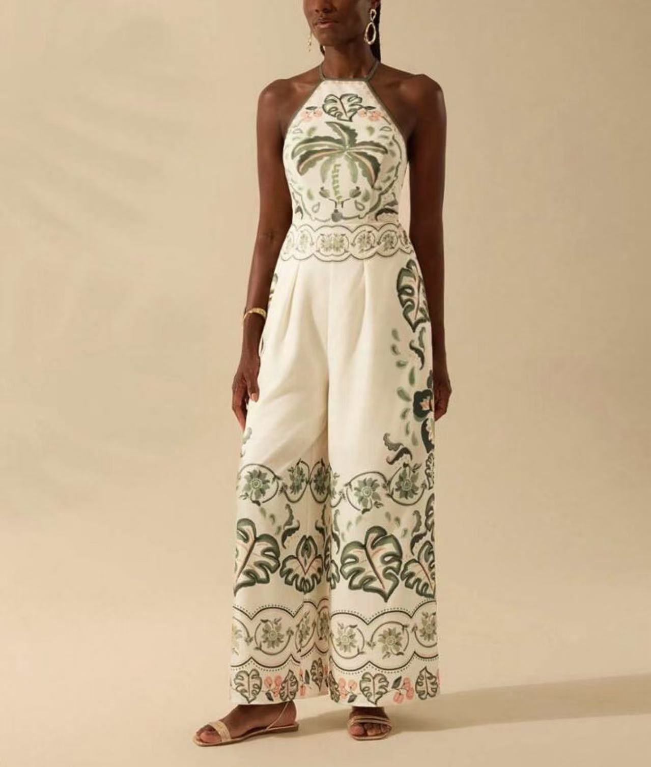 Women's Fashion Printed Sleeveless Halter Wide Leg Jumpsuit