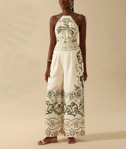 Women's Fashion Printed Sleeveless Halter Wide Leg Jumpsuit