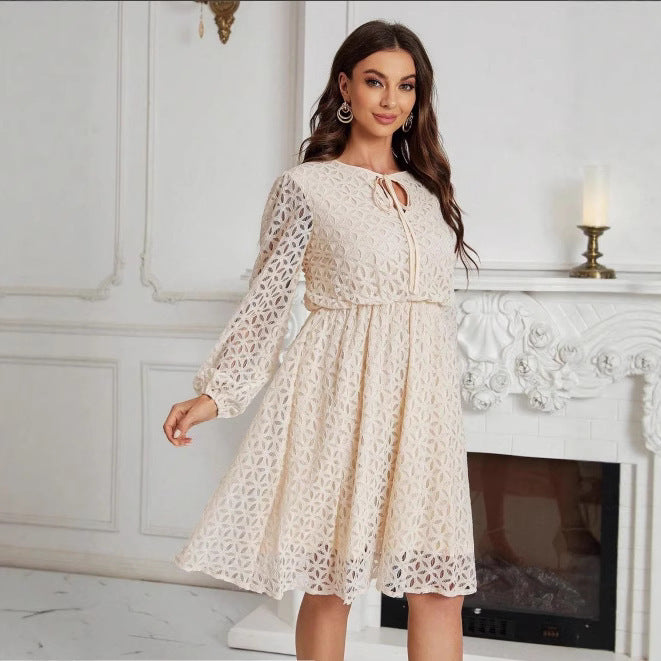 Lace Lace-up Graceful And Fashionable Long Sleeve Plus Size Dress