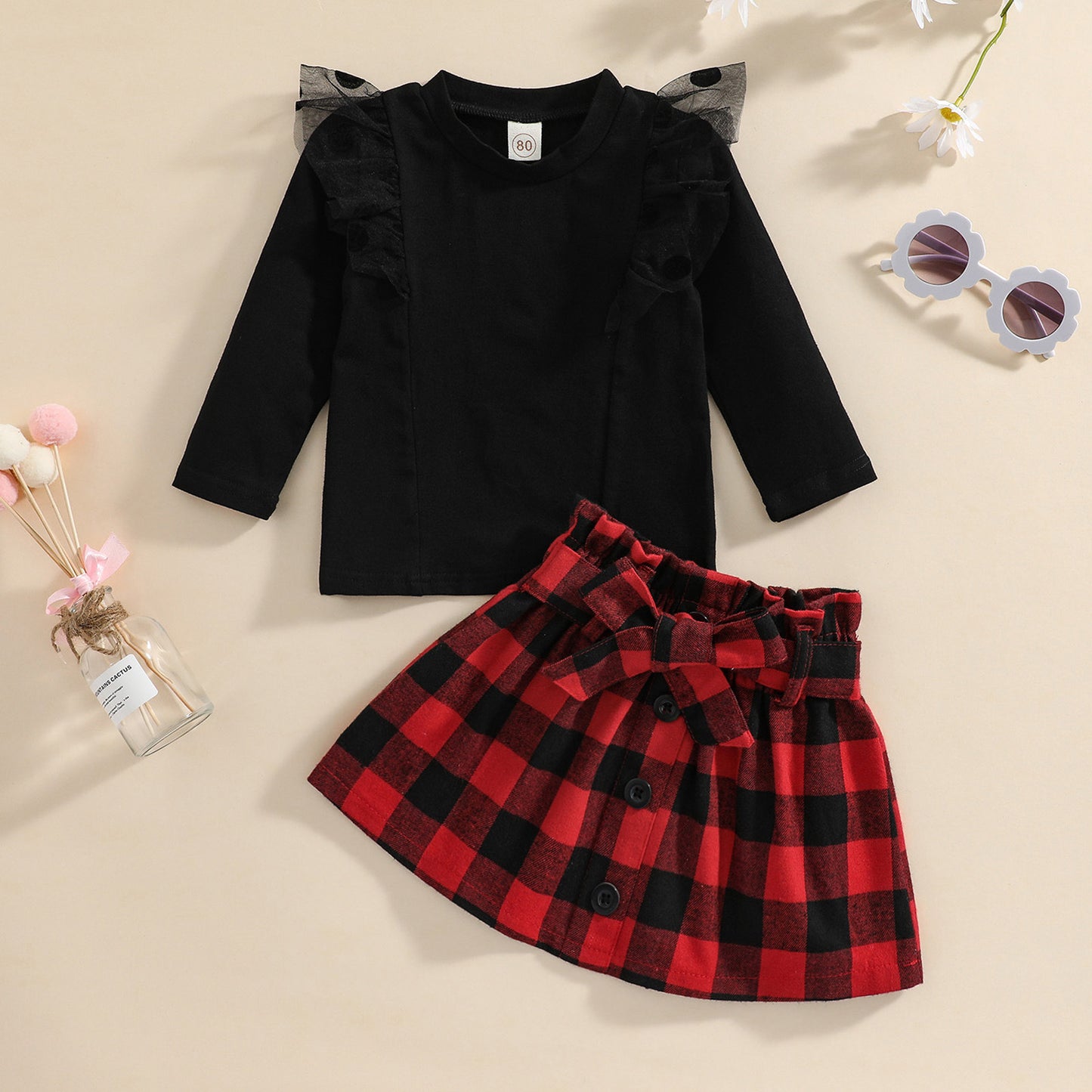 Red And Black Plaid Skirt Suit Black Polka Dot Flying Sleeve Two Piece