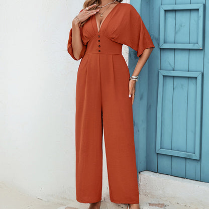 Women's Fashion Solid Color Short Sleeve Casual Jumpsuit