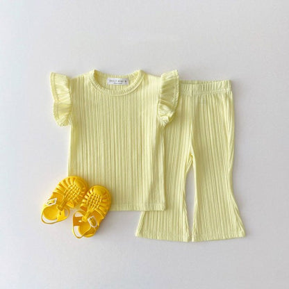 Korean Style Children's Clothing Thin Flounced Sleeve T-shirt Bell-bottom Pants Suit