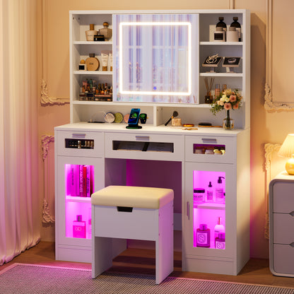 41.3 Makeup Vanity With Sliding Mirror And LED Lights, Dressing Table With  Storage Stool, 3 Drawers And 2 RGB Cabinets, Vanity Desk With Open Shelves And Charging Station, White