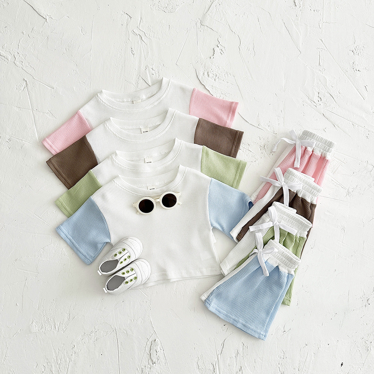 Waffle Stitching Short Sleeve Suit Korean Children Baby Two-piece Suit