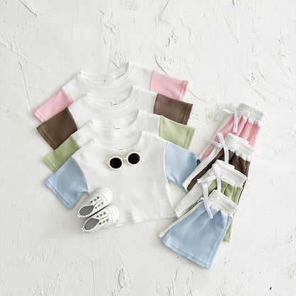 Waffle Stitching Short Sleeve Suit Korean Children Baby Two-piece Suit