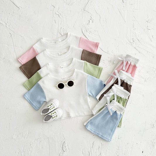 Waffle Stitching Short Sleeve Suit Korean Children Baby Two-piece Suit