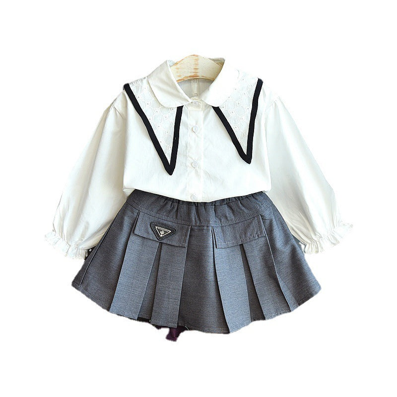 Girls' College Style Long-sleeved Shirt Pleated Skirt Two-piece