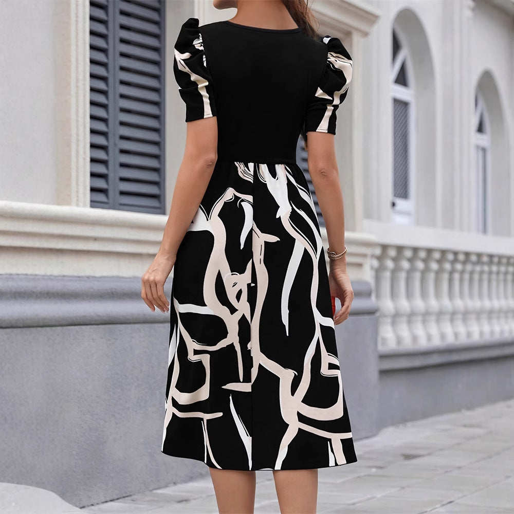 Commuting Knit Printed Stretch Square Neck Slim Short Sleeve Puff Sleeve Dress