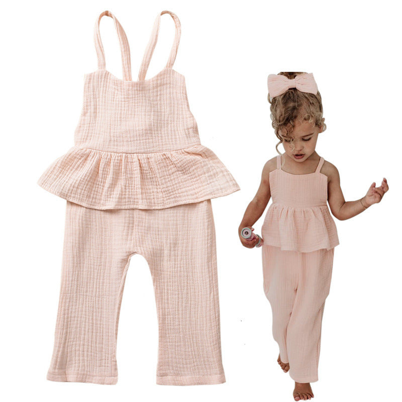 Girls Fashion Solid Color Cotton Lace-up Jumpsuit