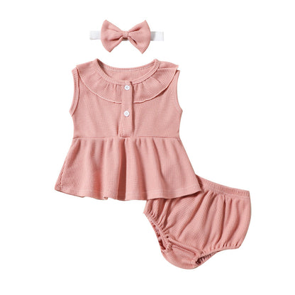 Girls' Fashion Waffle Sleeveless Dress Top Shorts Headdress Three-piece Set