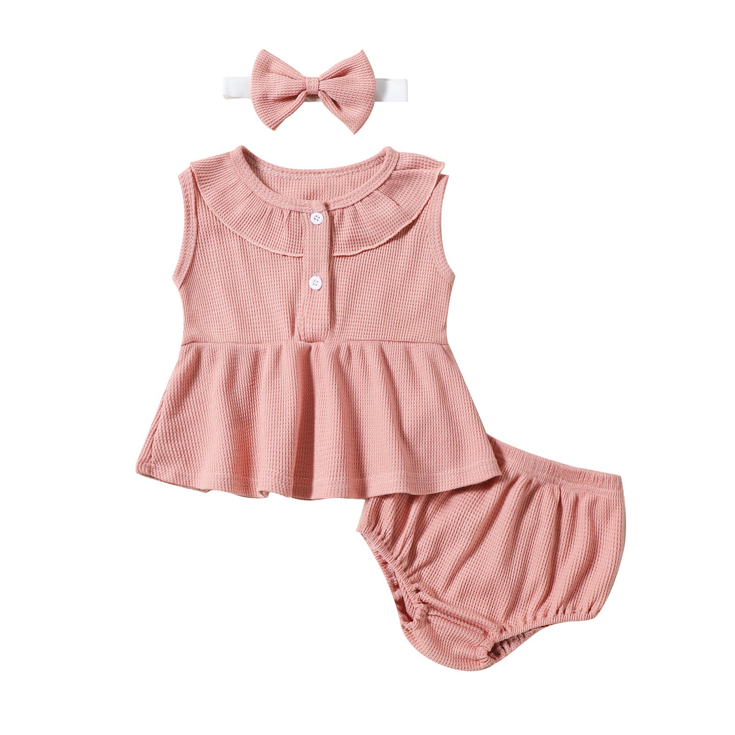 Girls' Fashion Waffle Sleeveless Dress Top Shorts Headdress Three-piece Set