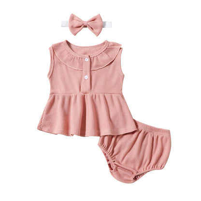 Girls' Fashion Waffle Sleeveless Dress Top Shorts Headdress Three-piece Set