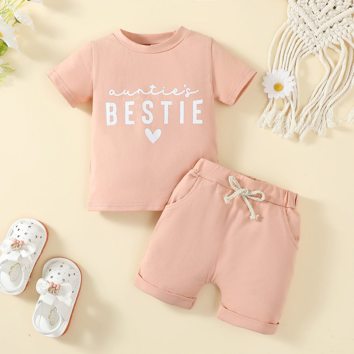 Printed White English Auntie's Bestie Short-sleeved T-shirt Shorts