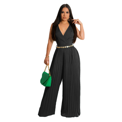 Cinched Pleated Loose Wide Leg Jumpsuit