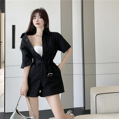 Summer New Style Casual Loose Lapel Tooling Lace-Up Jumpsuit Women Wide-Leg Shorts