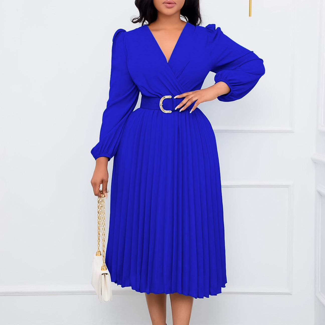 Long Sleeve V-neck Pleated Midi Dress