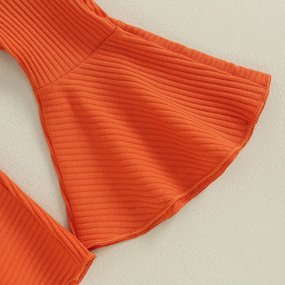 Children Ruffles Sleeve Sweater Sunken Stripe Cotton Bell-bottom Pants Suit