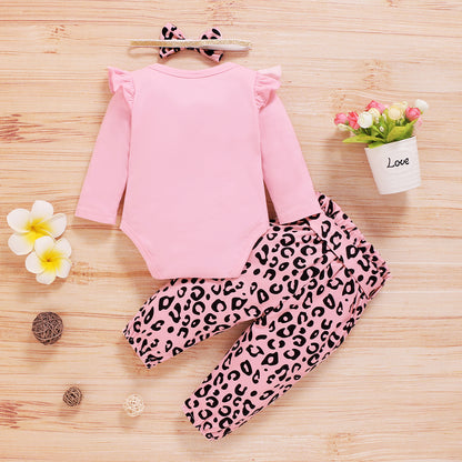 Newborn Long Sleeve Romper Leopard Print Trousers And Headband Three-piece Set