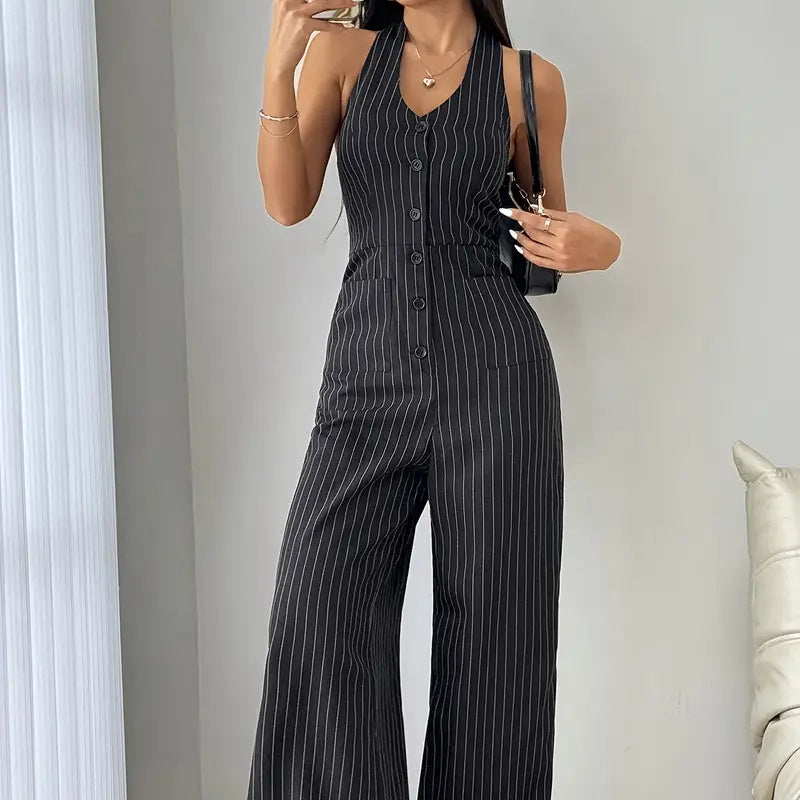 Sleeveless Front Button Casual Striped Jumpsuit