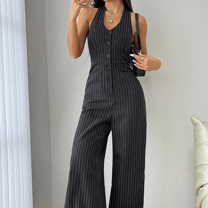 Sleeveless Front Button Casual Striped Jumpsuit