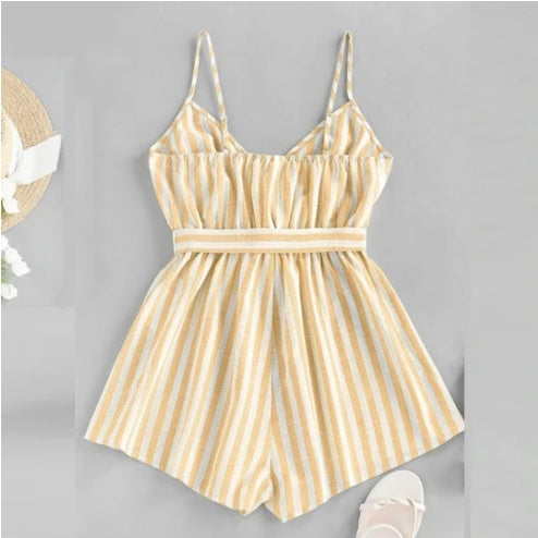 Striped Print Jumpsuit Ladies Suspenders V-neck Jumpsuit One-piece Skirt Pants