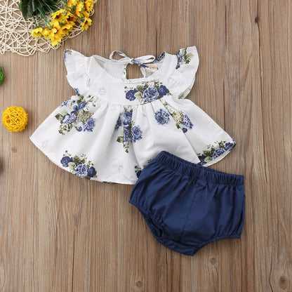 Two-piece Girl's Floral Print Shirt And Shorts