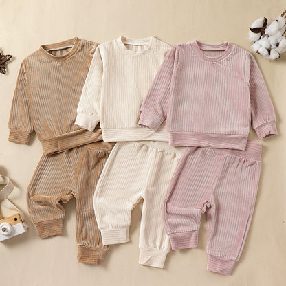 Cross-border New Arrival Infant Trousers Solid Color Rib Fabric Suit