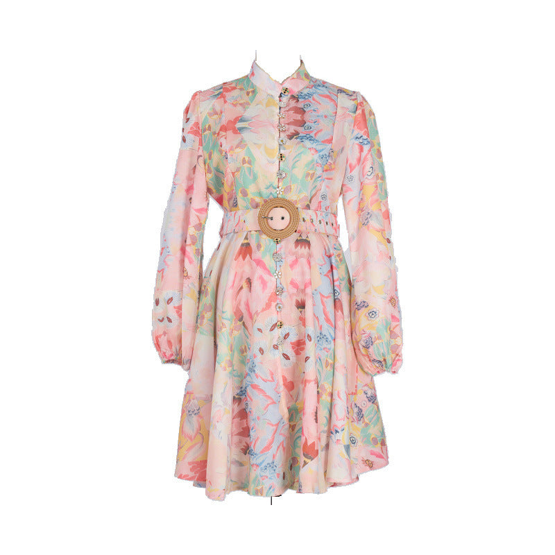 Single-breasted Stand-up Collar Puff Sleeve Waist With Belt Jumpsuit Skirt