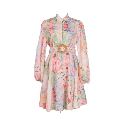 Single-breasted Stand-up Collar Puff Sleeve Waist With Belt Jumpsuit Skirt