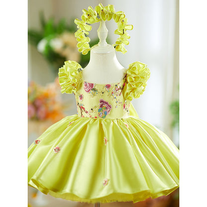 Yellow Flying Sleeves Heavy Industry Umbrella Princess Dress Little Girl's Birthday Dress