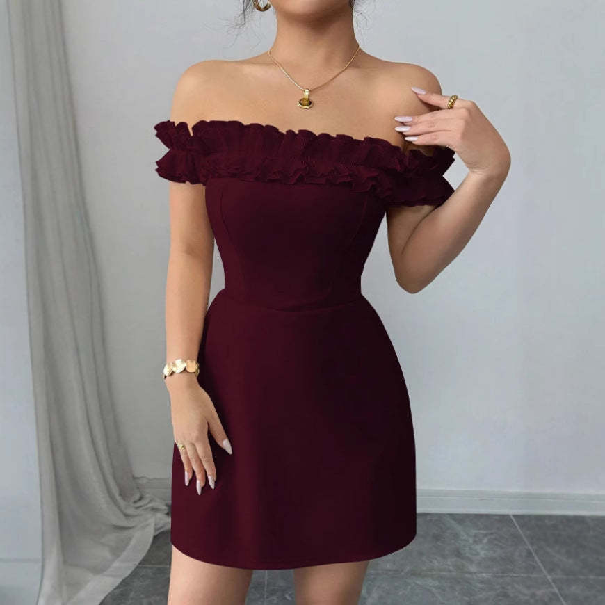 American Retro Sexy Socialite Off-neck Temperament Adult Lady Like Woman Design Sense Hip-wrapped Short Dress