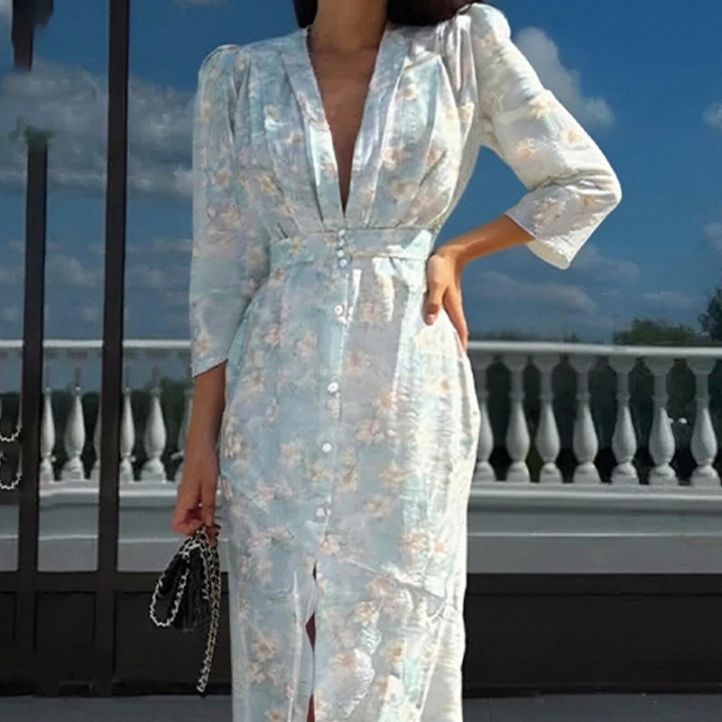 Women's Polyester Deep V-neck Slim-fit Printed Dress