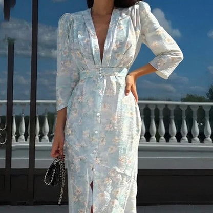 Women's Polyester Deep V-neck Slim-fit Printed Dress