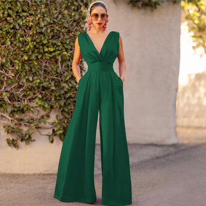 Solid Color And V-neck High Waist Wide Leg Jumpsuit