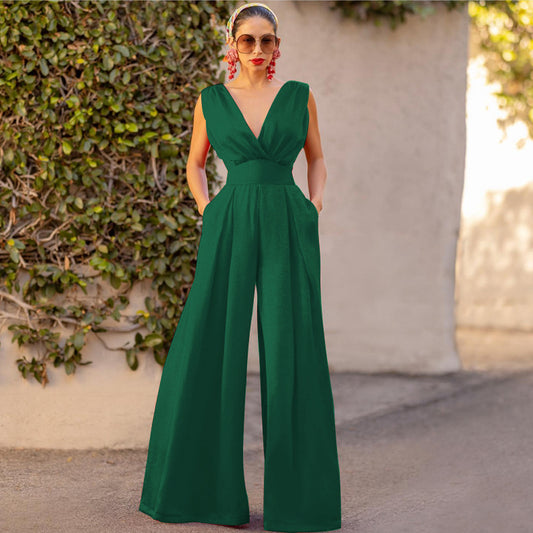 Solid Color And V-neck High Waist Wide Leg Jumpsuit