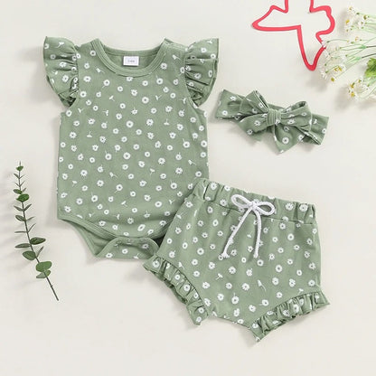 Boys And Girls Fashion Floral Flying Sleeves Romper Suit