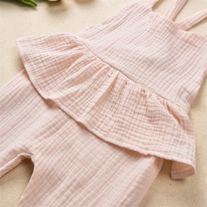 Girls Fashion Solid Color Cotton Lace-up Jumpsuit