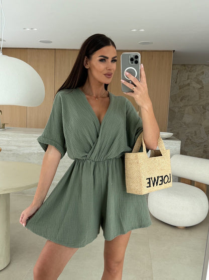 Summer V-neck Fashion Casual Waist Tight Solid Color Jumpsuit For Women